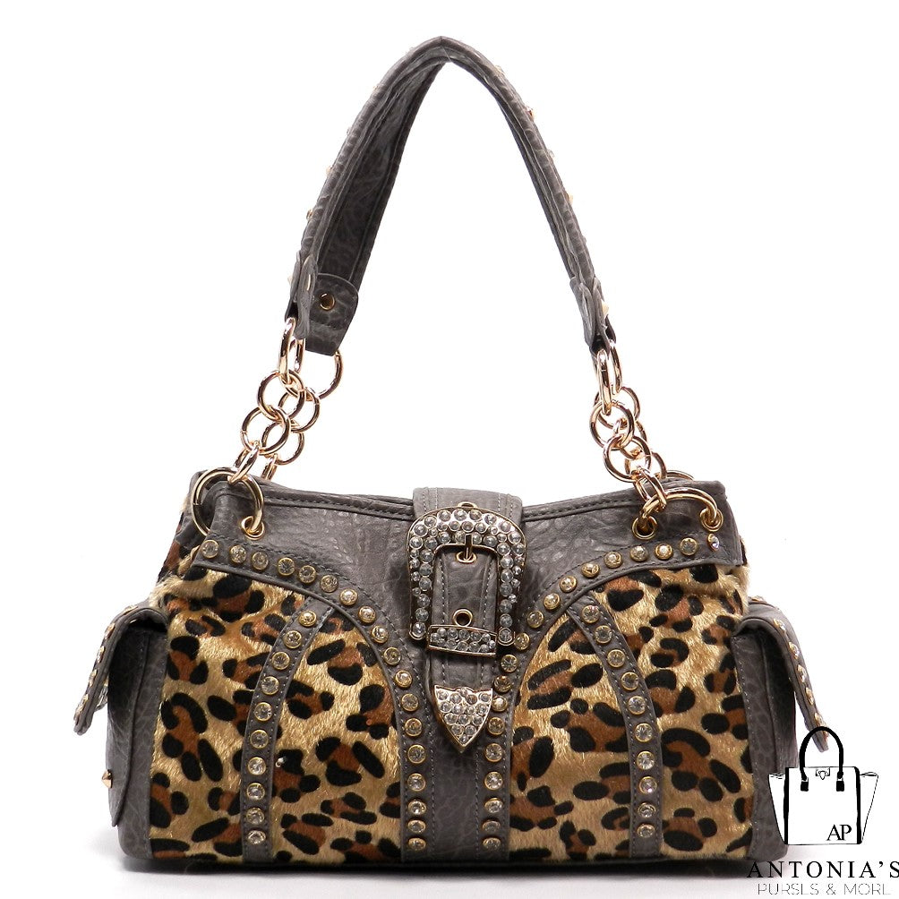 Leopard Faux Calf Hair Rhinestone Shoulder Bag