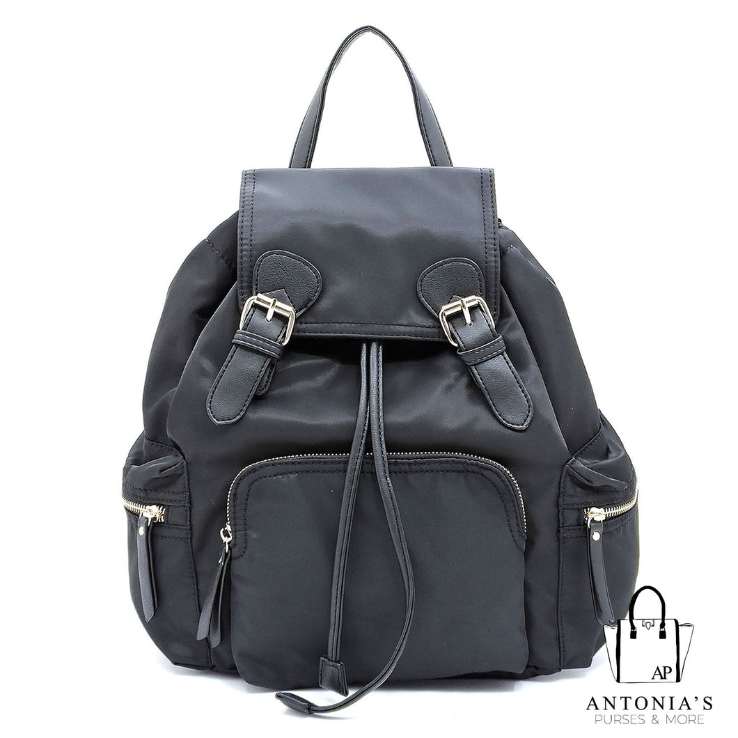 LA TERRE FASHION Nylon Drawstring Flap Over Backpack - Black