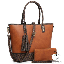 Load image into Gallery viewer, LUXIE COLLECTION Monogram Color block 2-in-1 Shopper Set - Brown &amp; Coffee
