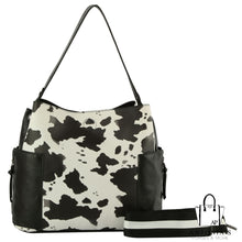 Load image into Gallery viewer, VIRAGO COLLECTION Cow Printed Shoulder Bag Hobo with Guitar Strap - Black &amp; White
