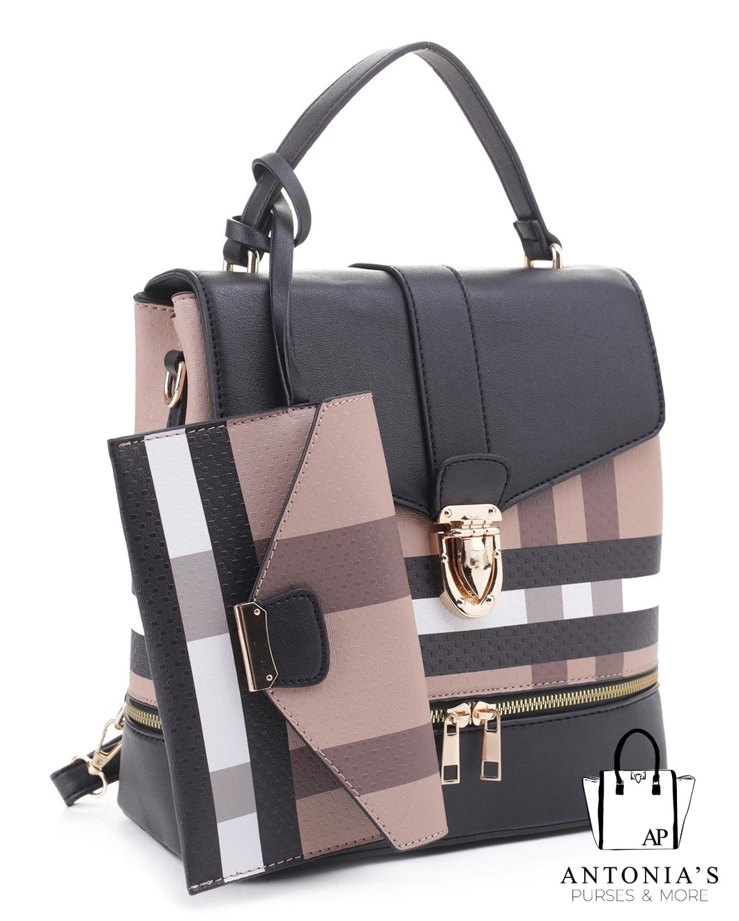 LUXIE COLLECTION FASHION PLAID BACKBACK SET- Brown/Black only