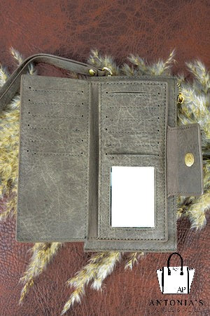 TAUPE GRAY FAUX LEATHER WRISTLET WALLET