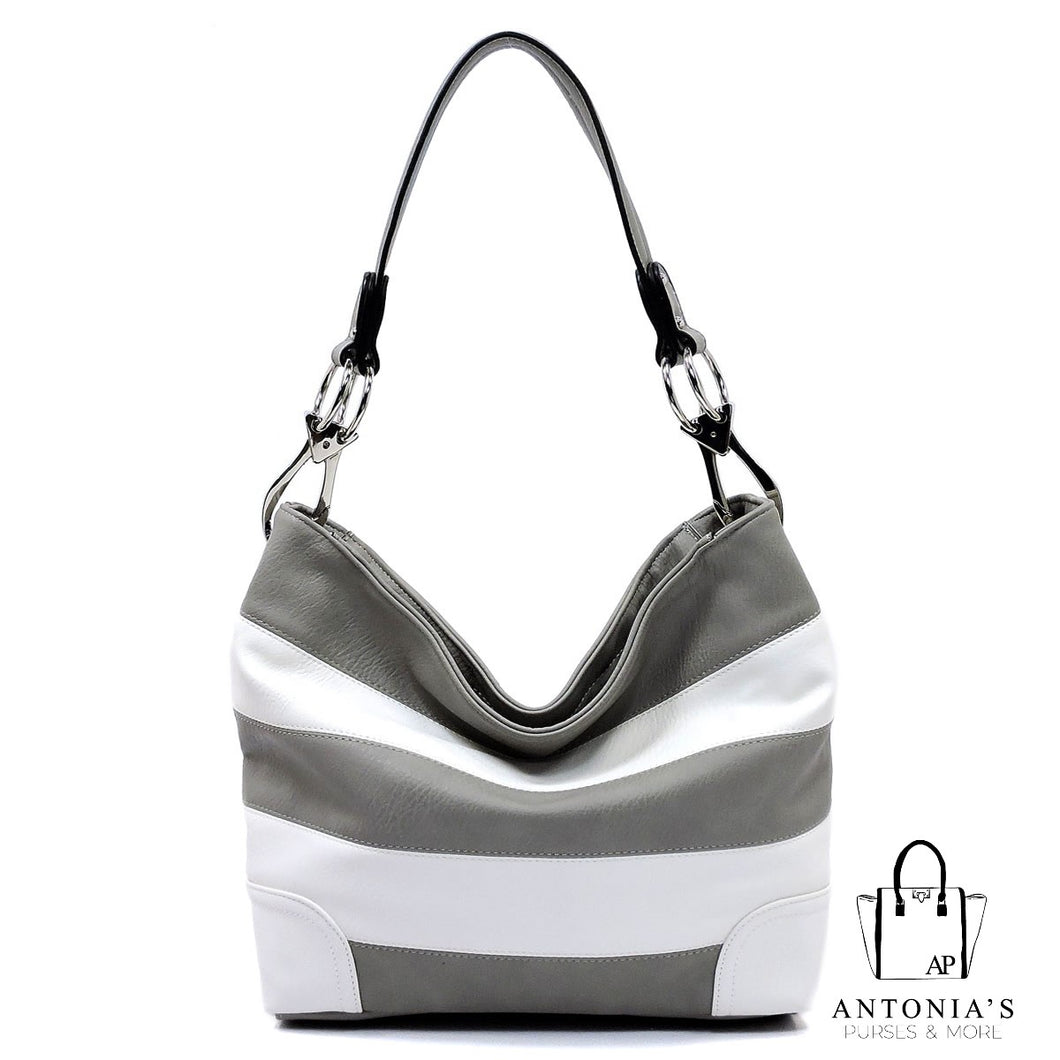 Alyssa Fashion Striped Classic Bucket Bag - Grey and White