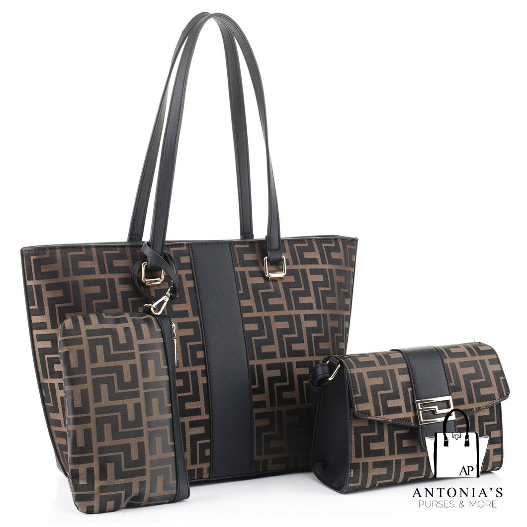 Alyssa F Monogram 3-in-1 Shopper- Coffee & Black