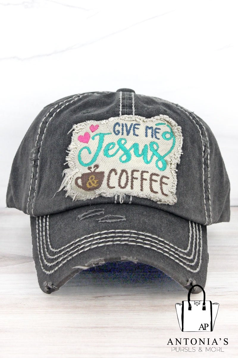 DISTRESSED BLACK 'GIVE ME JESUS & COFFEE' CAP