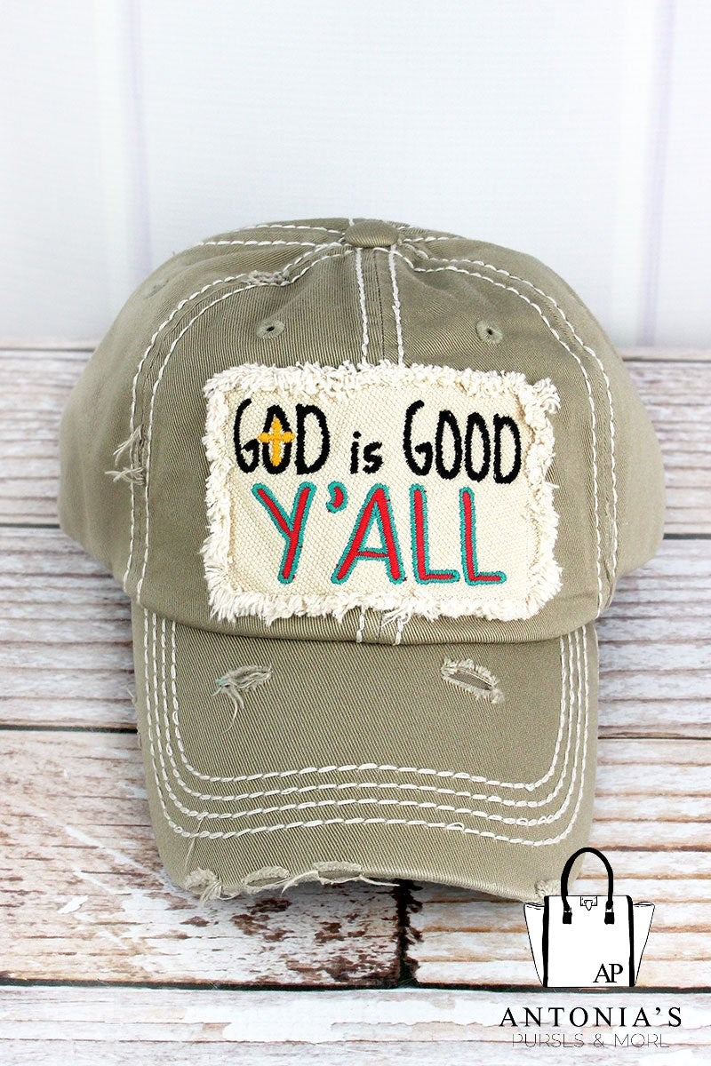 DISTRESSED KHAKI 'GOD IS GOOD Y'ALL' CAP