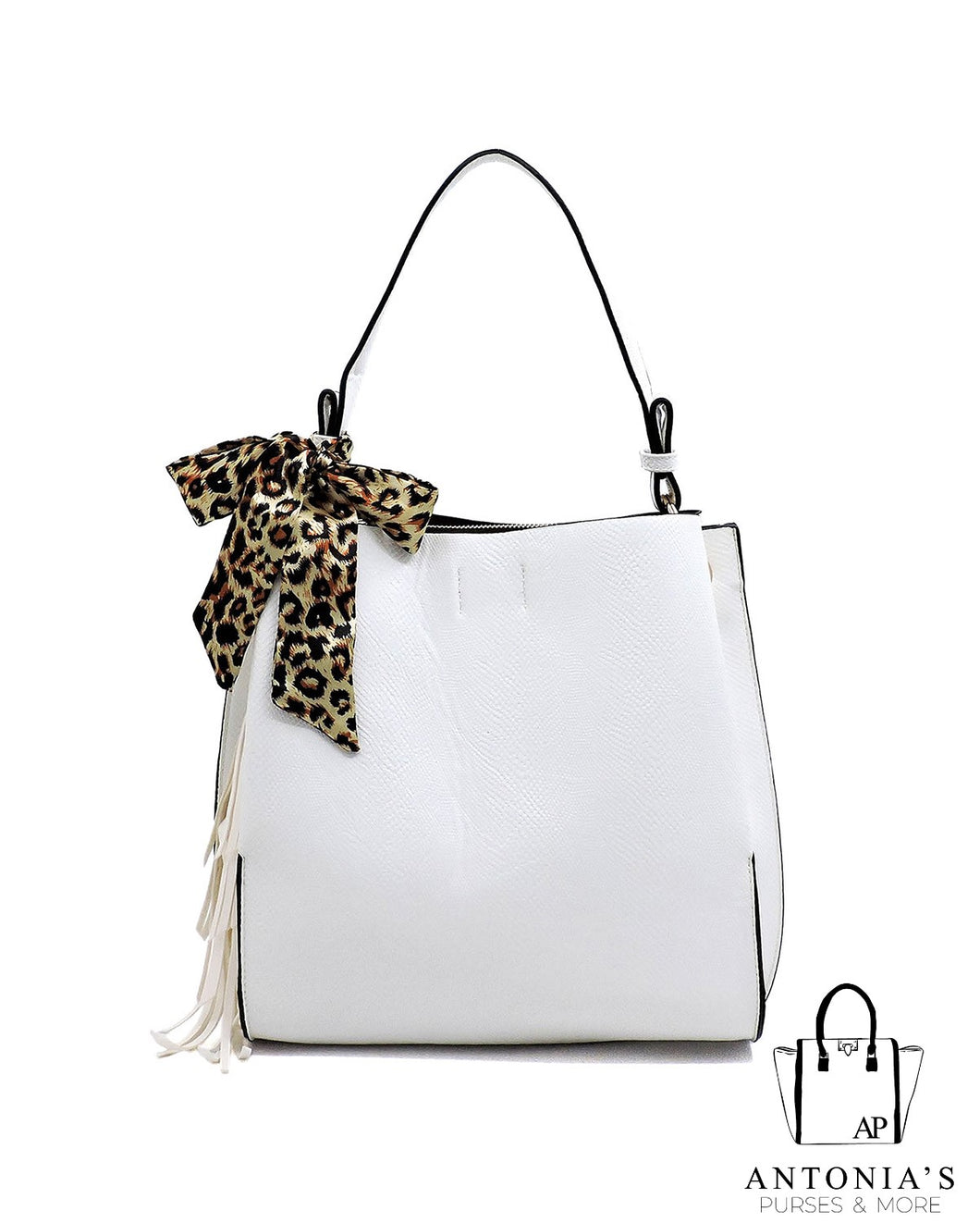 Virago Collection Leopard Bow Tassel Handbag- White