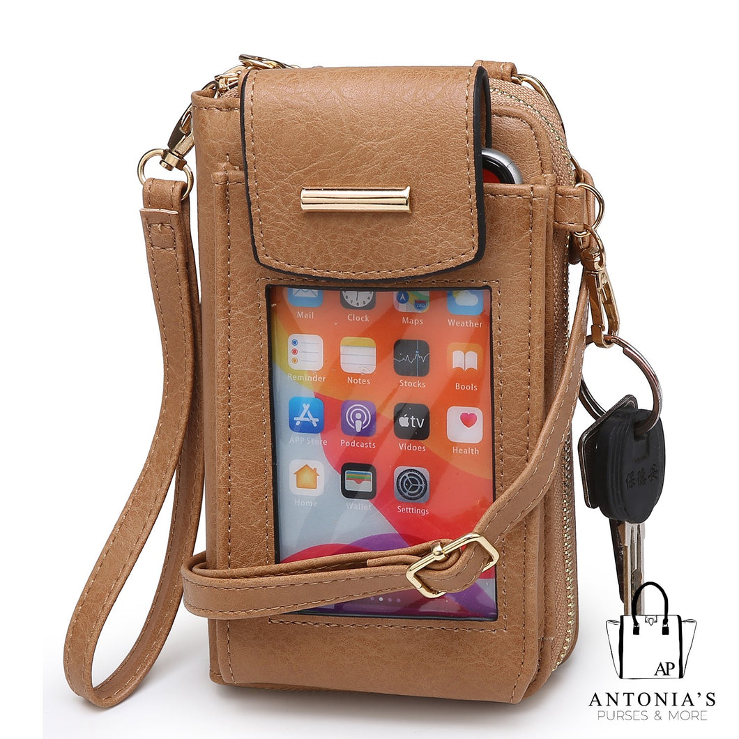 Luxie Collection Fashion Crossbody See Thru Window Cell Phone Purse Wallet/Wristlet-Tan
