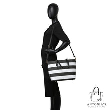 Load image into Gallery viewer, Luxie Collection Textured Stripe 3-in-1 Shopper Tote Bag - Black/White
