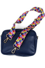 Load image into Gallery viewer, FLOWER POWER GUITAR STRAP NAVY FAUX LEATHER CROSSBODY
