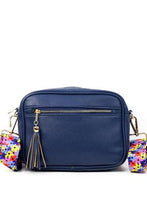 Load image into Gallery viewer, FLOWER POWER GUITAR STRAP NAVY FAUX LEATHER CROSSBODY
