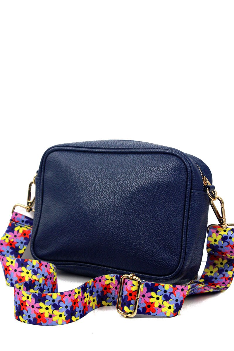 FLOWER POWER GUITAR STRAP NAVY FAUX LEATHER CROSSBODY